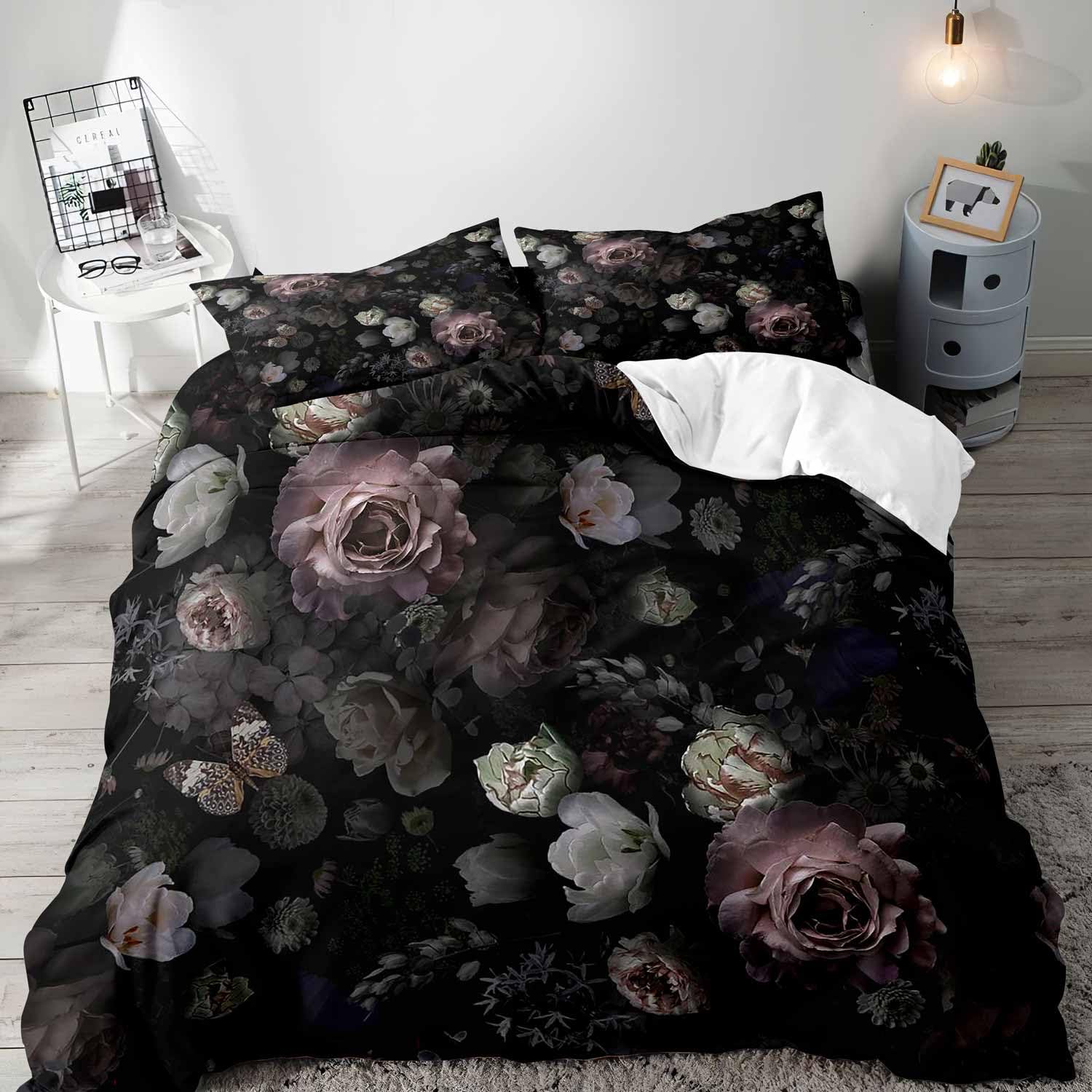 Aesthetic Floral Duvet Cover - ดอกไม้สีดําผ้านวม Queen ชุดเครื่องนอน,Gothic ผ้าปูที่นอน,Dark Moody Victorian