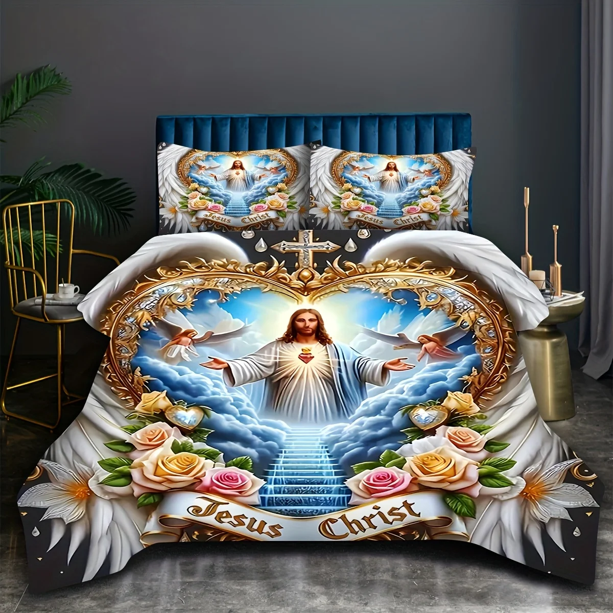 Duvet Cover Sets With Zipper - ชุดเครื่องนอนลายปีกศักดิ์สิทธิ์ ดอกไม้กางเขน นางฟ้า พระเยซู ประตูสู่สวรรค์ พร้อมปลอกผ้านวมพิมพ์ลายดิจิทัล