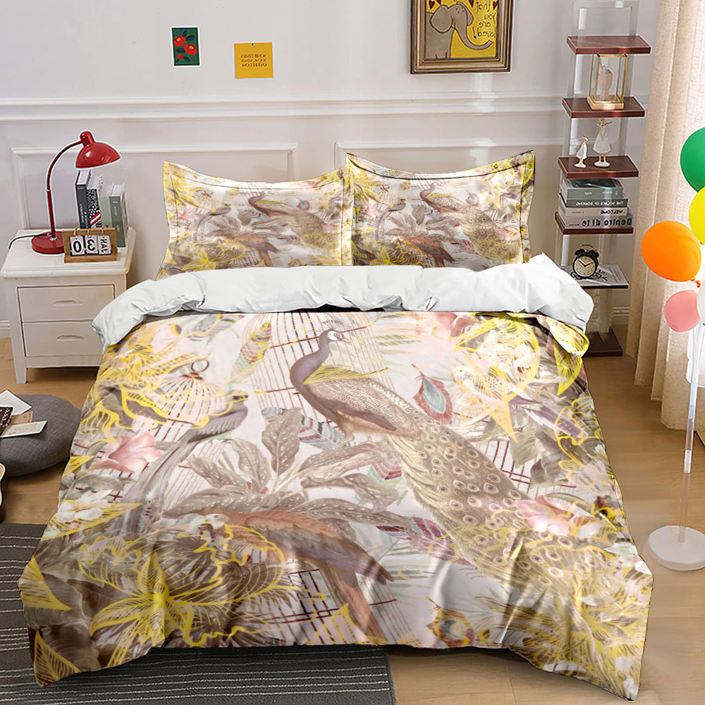 Aesthetic Floral Duvet Cover - ชุดเครื่องนอนลายกรงนกยูงสไตล์วินเทจ, ชุดผ้าห่มลายดอกไม้สไตล์เรโทร, ชุดเครื่องนอนสไตล์จีนสวยงามสำหรับตกแต่งบ้าน