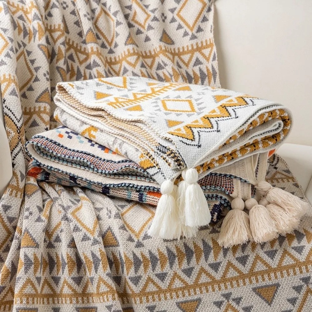 Boho Throw Blanket Fringe - ผ้าห่มถักลายวินเทจสไตล์โบโฮ ผ้าห่มนุ่มพร้อมพู่ตกแต่ง ผ้าห่มพู่ตกแต่งสำหรับโซฟา ผ้าห่มสำหรับฤดูหนาว