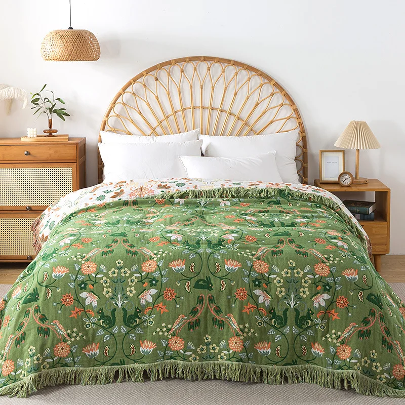 Muslin Cotton Bedspread - ผ้าห่มผ้าฝ้ายแท้ ผ้ามัสลินทอพร้อมพู่ตกแต่ง ผ้าคลุมเตียงคู่สำหรับคู่รัก ผ้าห่มสองด้านสำหรับปูเตียง ผ้าห่มสำหรับพักผ่อนในฤดูร้อน