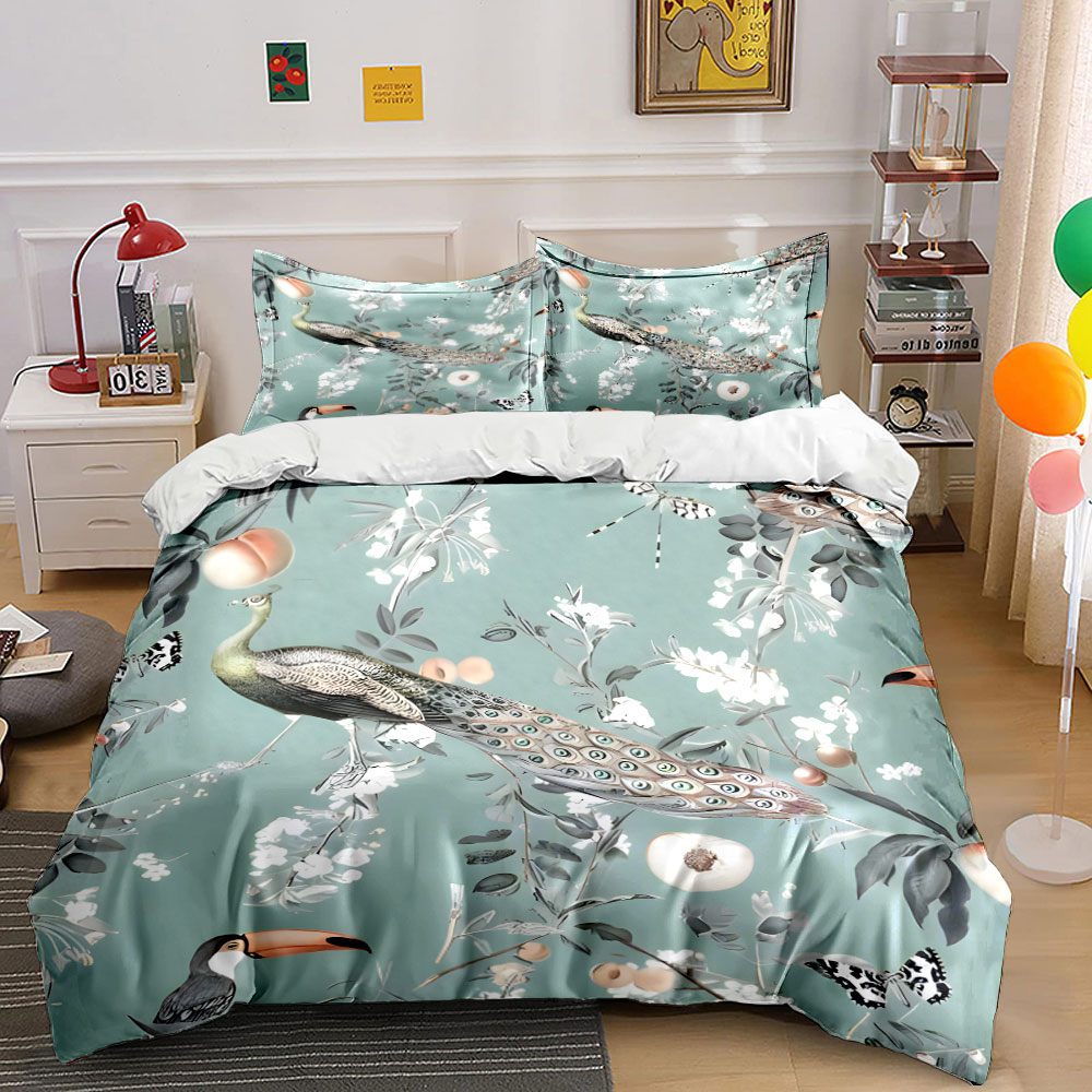 Aesthetic Floral Duvet Cover - ชุดเครื่องนอนลายดอกไม้ 3 ชิ้น ลายนกยูงและนกทูแคน ชุดผ้าห่มลายพีช ลายนกเขตร้อน