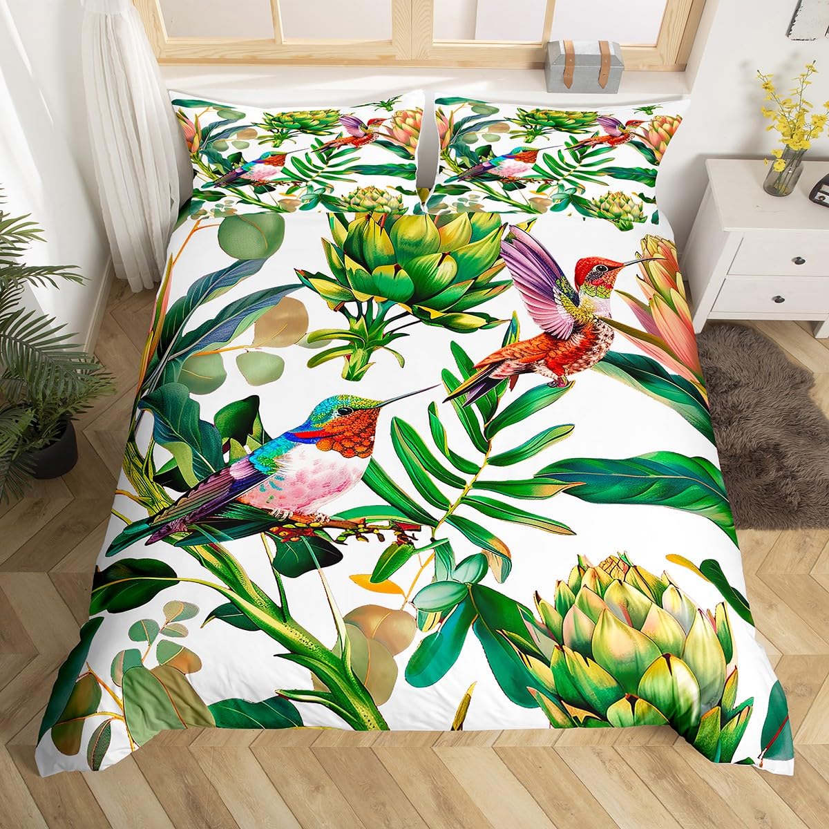 Aesthetic Floral Duvet Cover - ชุดเครื่องนอนนกฮัมมิงเบิร์ด ลายดอกไม้หรูหรา ปลอกผ้านวมลายดอกไม้สีน้ำ ธรรมชาติ ทิวทัศน์ดอกไม้ ปลอกผ้านวมโพลีเอสเตอร์