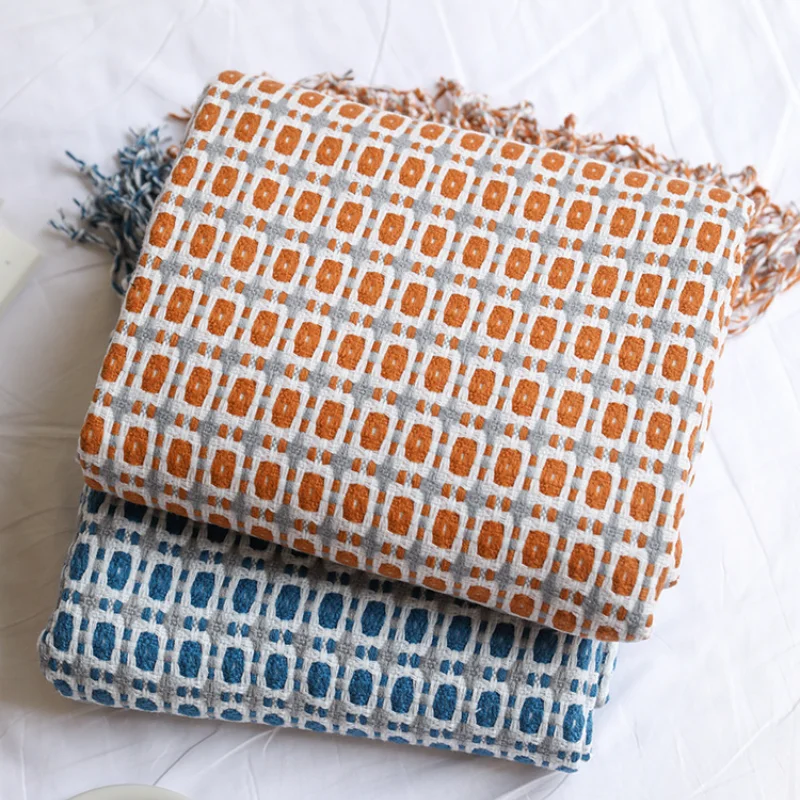 Boho Throw Blanket Fringe - ผ้าห่มทอแจ็คการ์ดลายตารางเรขาคณิต ผ้าห่มลายตารางสไตล์โบโฮพร้อมพู่ตกแต่ง ผ้าห่มทอสไตล์โมเดิร์นเรโทรพร้อมขอบพู่สำหรับตกแต่งบ้าน