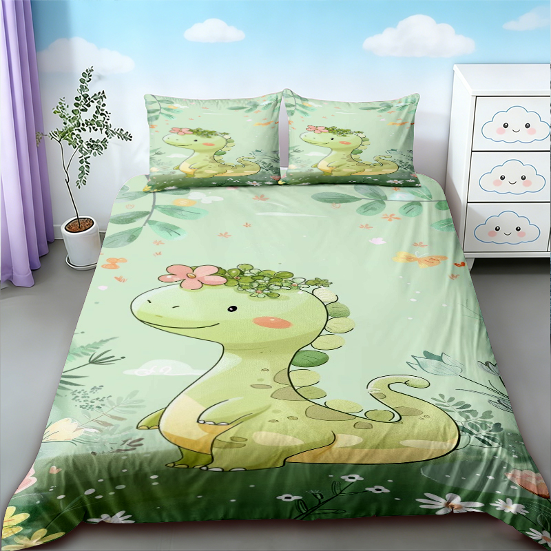 Bedding - ปลอกผ้านวมลายไดโนเสาร์น่ารัก คิง/ควีน ลายการ์ตูนไดโนเสาร์สุดคาวาอี้ ชุดเครื่องนอนสำหรับเด็กชาย/เด็กหญิง ลายสัตว์ป่าในป่า ปลอกผ้านวมลายสัตว์ป่า