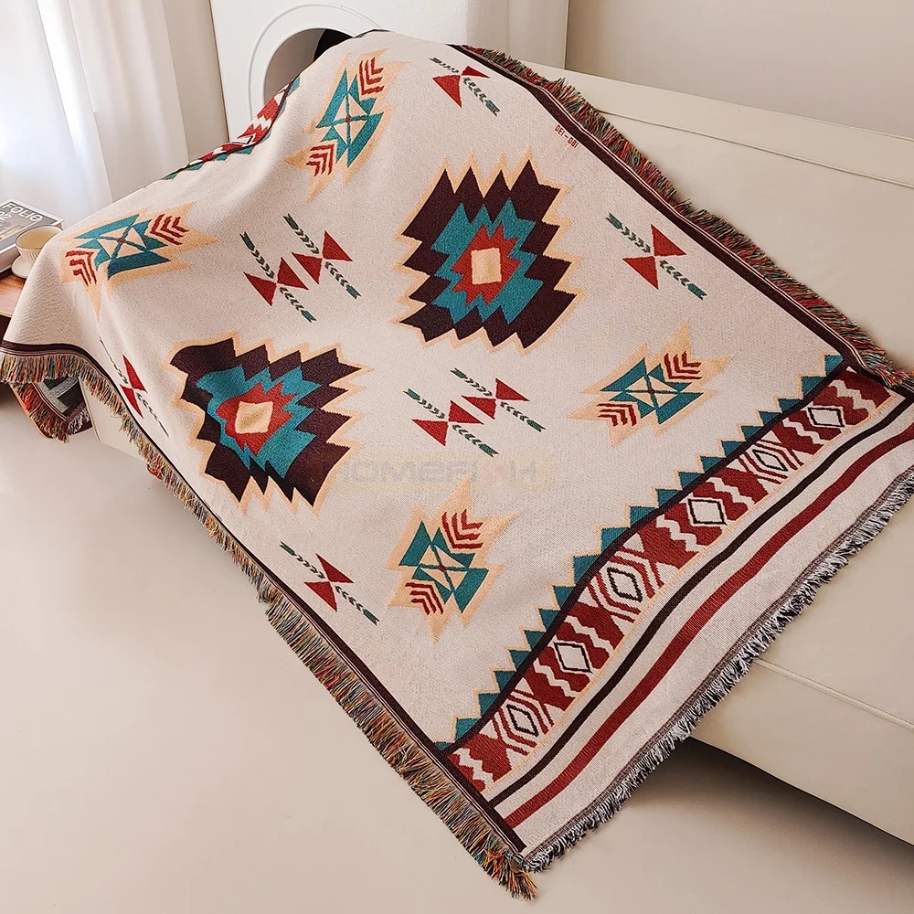 Boho Throw Blanket Fringe - ผ้าห่มแอซเท็กขนาดใหญ่ ผ้าห่มโบโฮแบบมีชายครุย ลายเรขาคณิตสไตล์เซาท์เวสเทิร์น ผ้าห่มทอมือวินเทจ ผ้าห่มสองชั้น