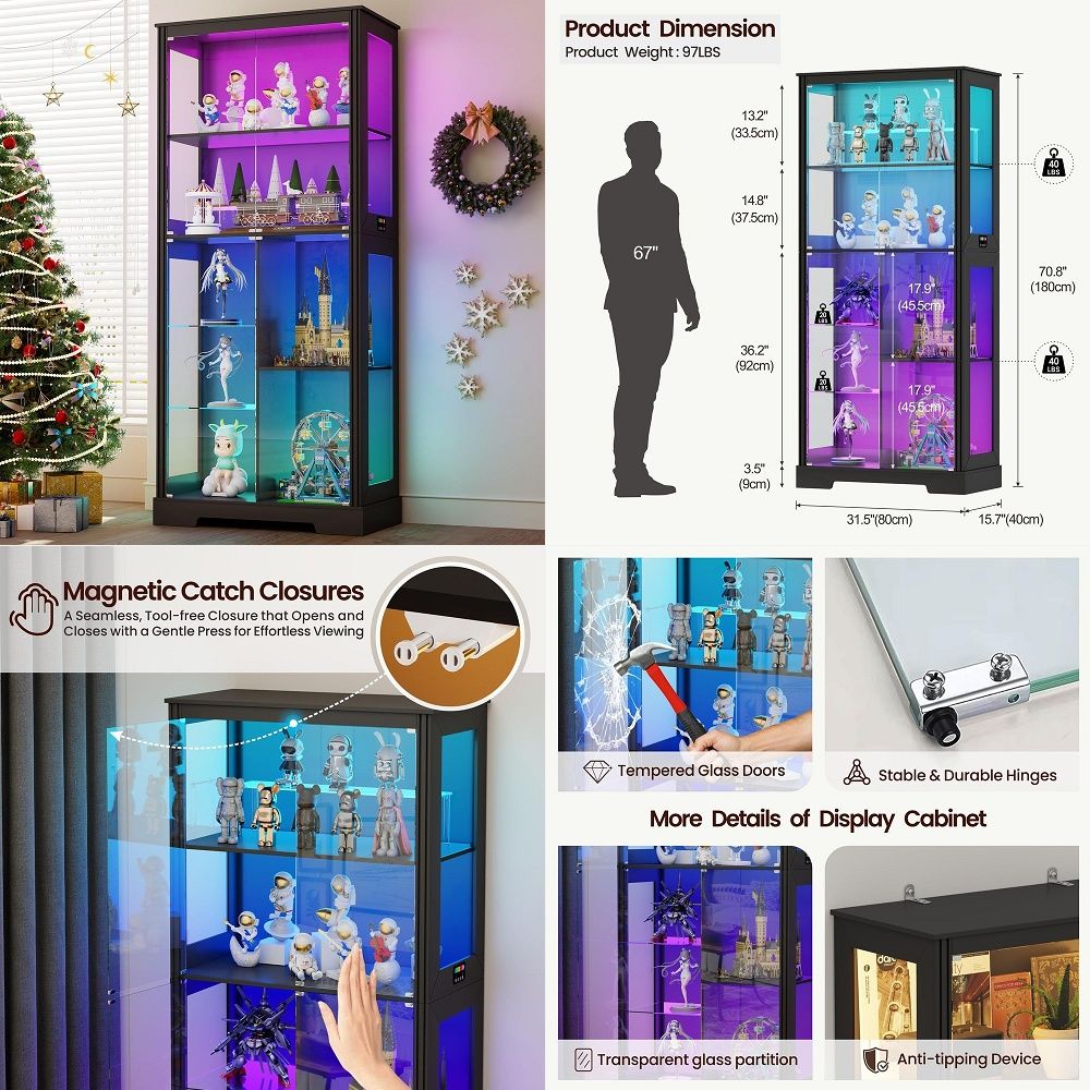Storage & Organization - ตู้โชว์มุมโค้งพร้อมไฟ ตู้เก็บของไม้โค้งพร้อมประตูกระจกนิรภัย ช่องเก็บบาร์และเครื่องดื่มแอลกอฮอล์ 6 ช่อง