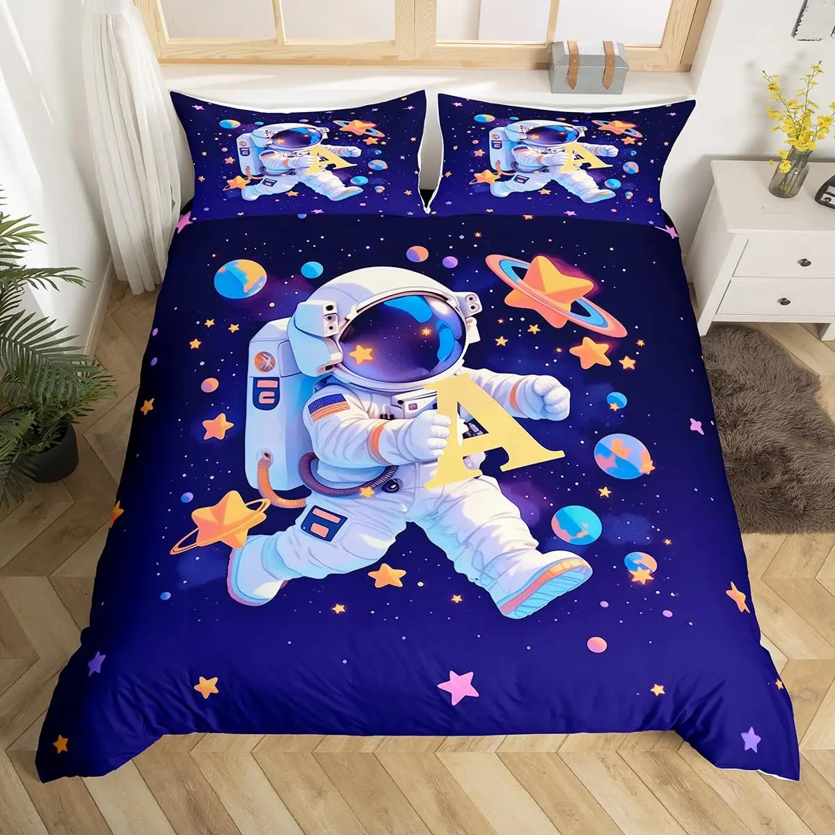 Duvet Cover Sets With Zipper - ชุดผ้านวมนักบินอวกาศการ์ตูนอวกาศนักบินอวกาศตกแต่งชุดเครื่องนอนผ้านวมระบายอากาศนุ่มพร้อมปลอกหมอนพร้อมซิป