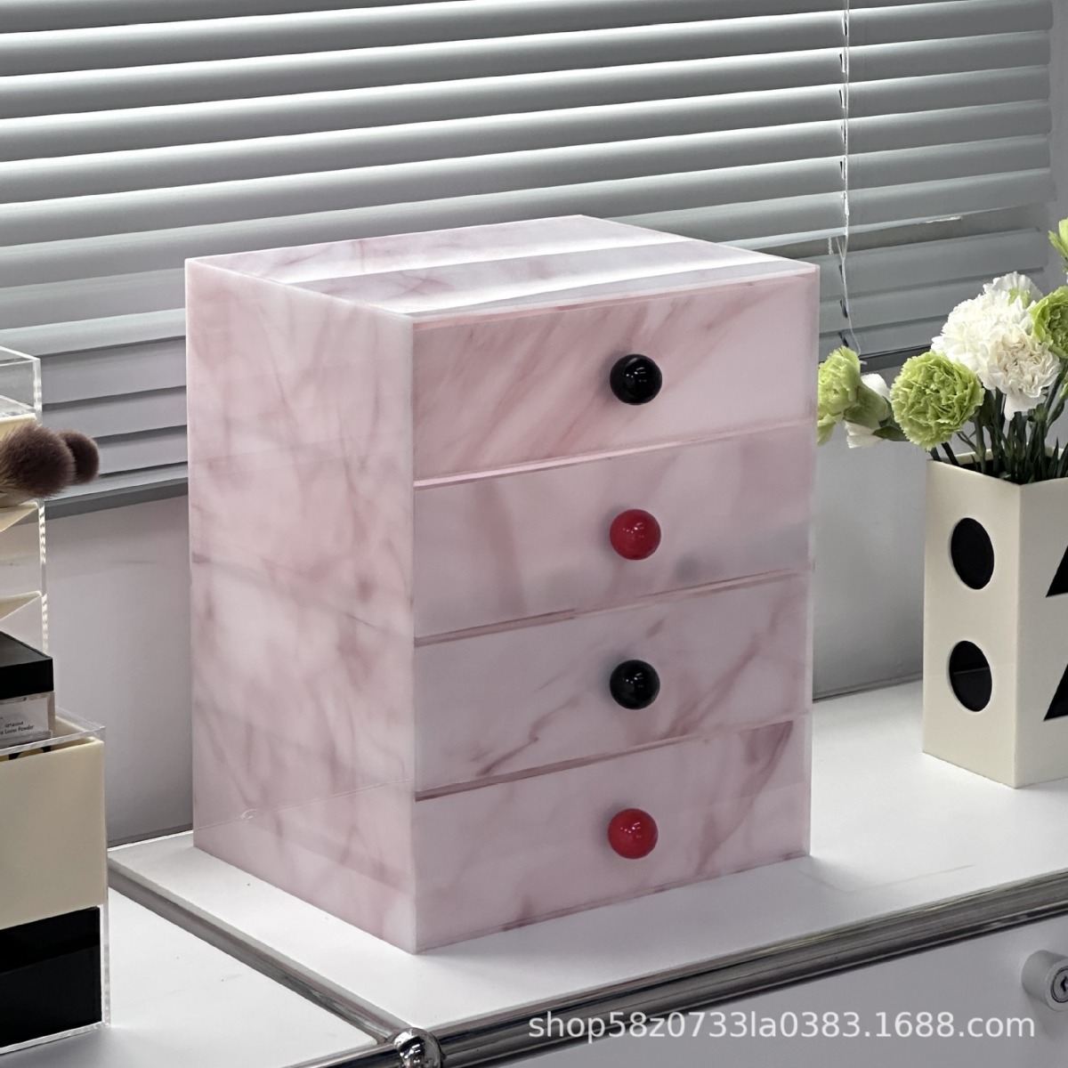 Storage & Organization - กล่องเก็บเครื่องสำอาง HYS รุ่นพรีเมียม ลายหินอ่อน อะคริลิก สำหรับวางบนโต๊ะ