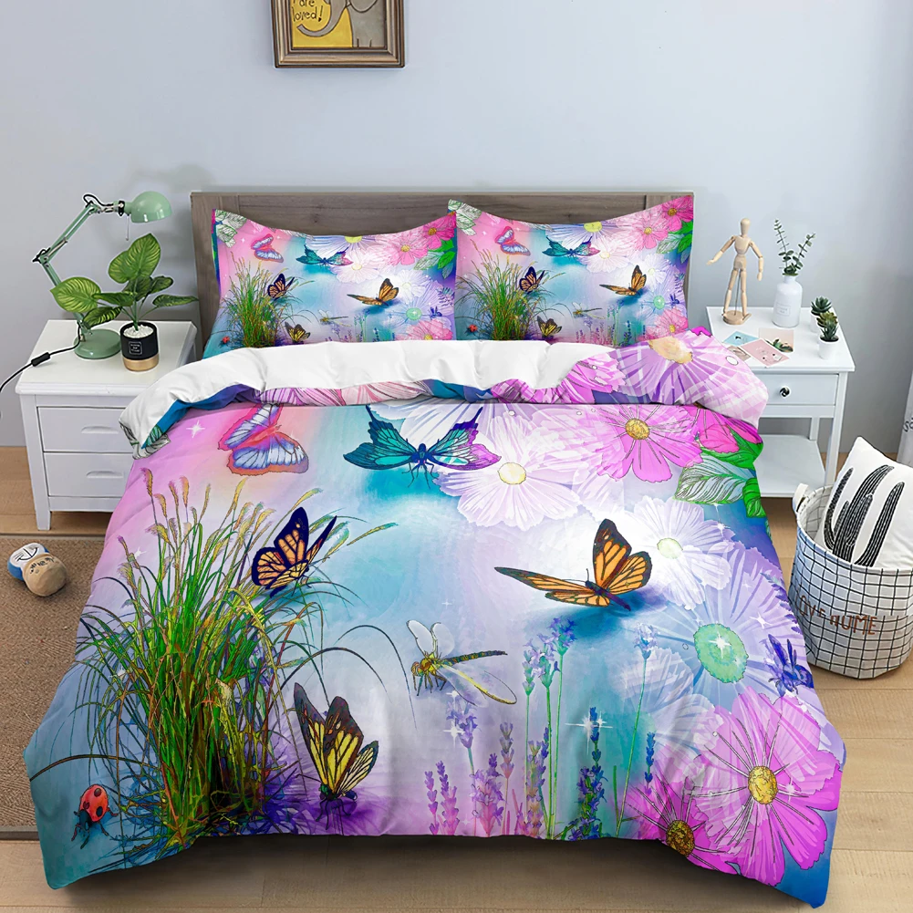 Duvet Cover Sets With Zipper - ผีเสื้อชุดเครื่องนอน 3D ดอกไม้ผ้านวมผ้านวมพร้อมซิป Queen คู่โพลีเอสเตอร์ชุดเด็กสาวคริสต์มาสของขวัญ