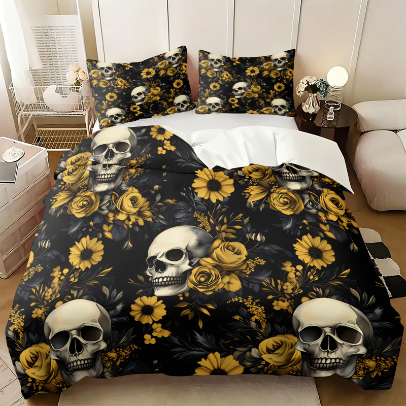 Aesthetic Floral Duvet Cover - ชุดผ้าห่มลายดอกไม้สีเหลืองสไตล์ดาร์กเอสเธติก ลายดอกทานตะวัน กุหลาบ ผ้าห่มนุ่มสบาย สไตล์โกธิค สำหรับห้องนอนฮาโลวีน