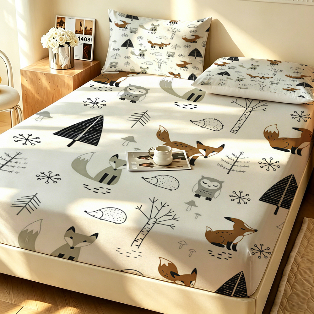 Fitted Bed Sheets Deep Pocket - ชุดผ้าปูที่นอนแบบรัดมุม ลายป่า จิ้งจอก นกฮูก และต้นสน 3