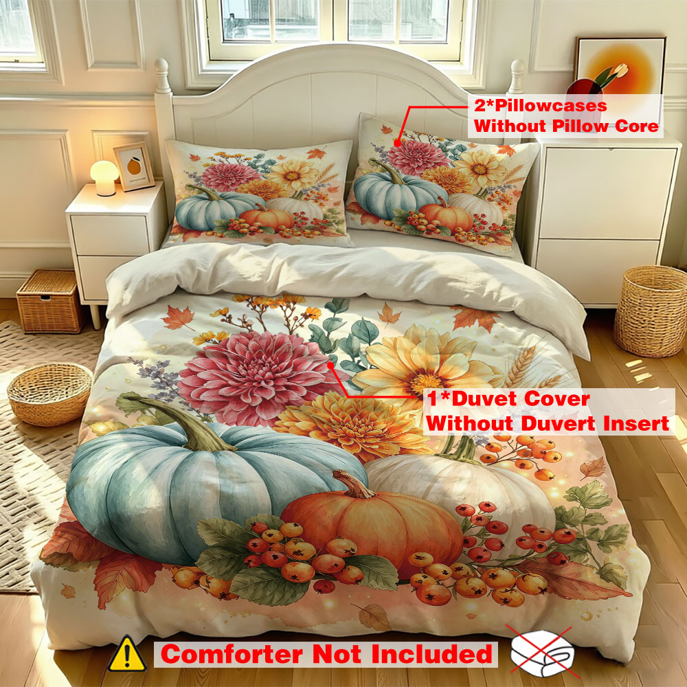 Aesthetic Floral Duvet Cover - ชุดผ้าปูที่นอนลายดอกทานตะวันสีฟ้าอ่อน 3 ชิ้น ชุดเครื่องนอนสไตล์ฤดูใบไม้ร่วง