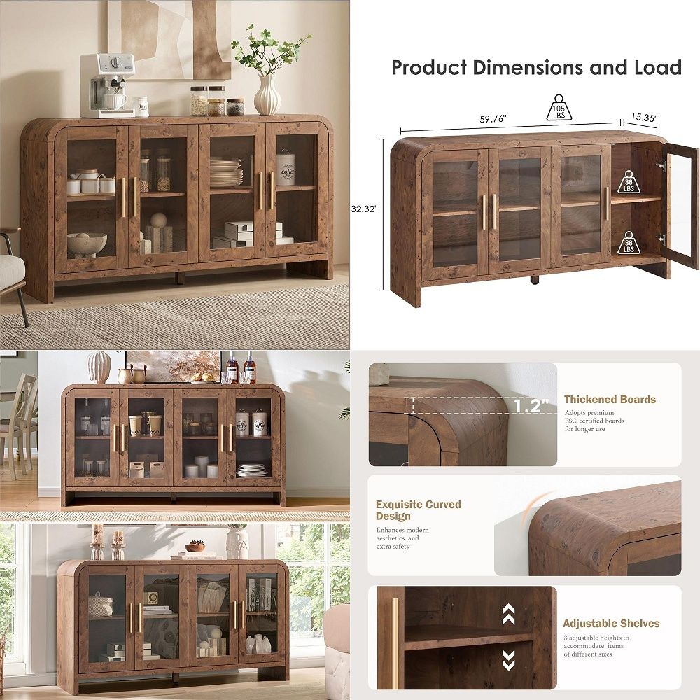 Storage & Organization - ตู้ไซด์บอร์ดบุฟเฟต์พร้อมที่เก็บของ, ตู้ไซด์บอร์ดพร้อมชั้นวางปรับระดับได้และประตูกระจก 4 บาน, โต๊ะคอนโซลสำหรับบาร์กาแฟ