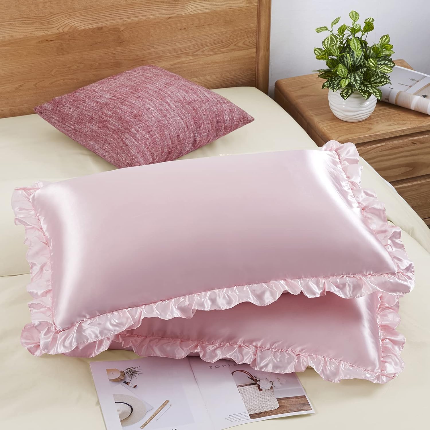 Satin Silk Pillowcase Hair Skin - ปลอกหมอนผ้าซาติน 2 ชิ้น สำหรับผมและผิวหนัง ปลอกหมอนผ้าไหมสีพื้นพร้อมซิปปิด ตกแต่งห้องสไตล์เจ้าหญิง