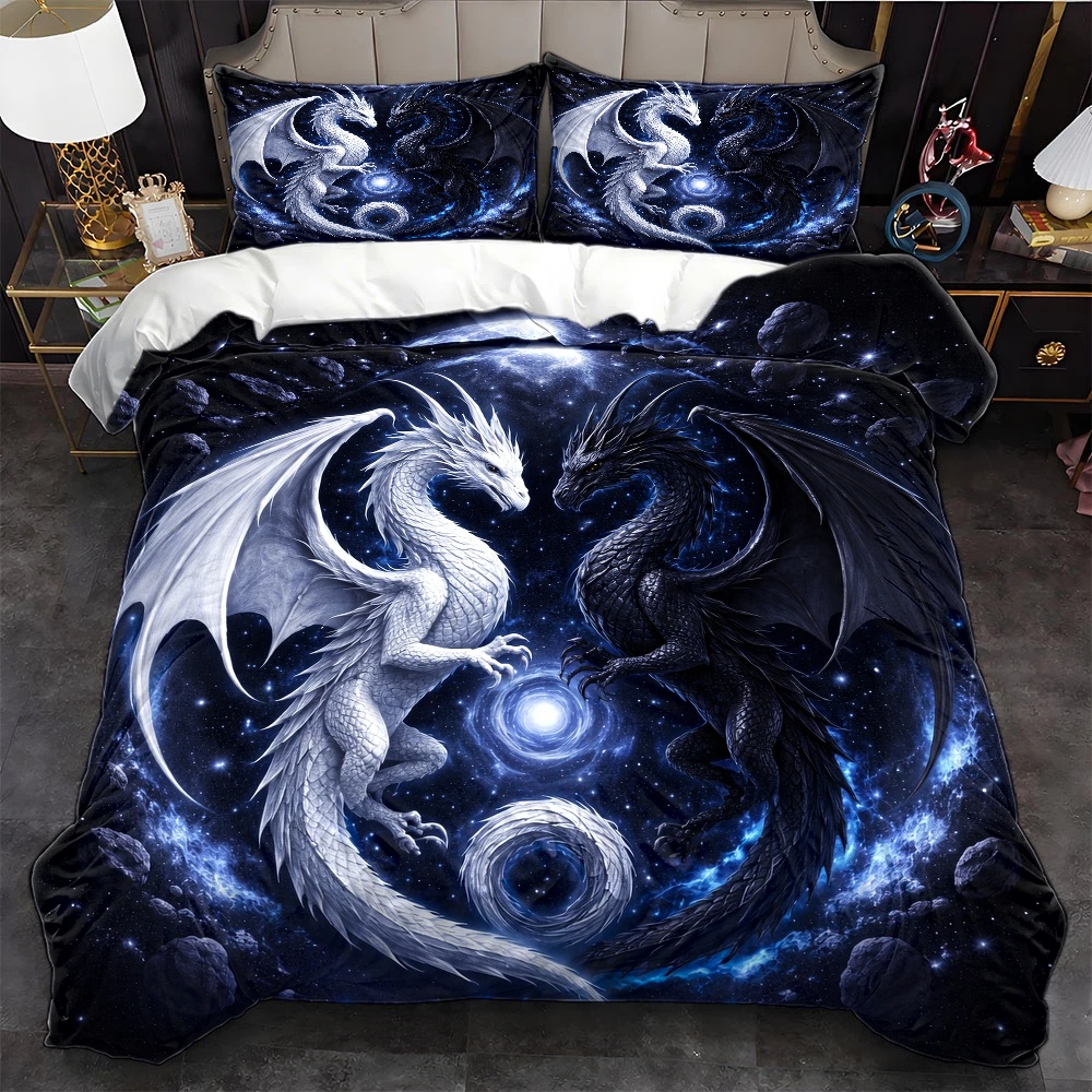 Duvet Cover Sets With Zipper - ชุดผ้าห่มลายมังกรดวงดาว 3 ชิ้น, ชุดเครื่องนอนสามชิ้น (ปลอกผ้านวม 1