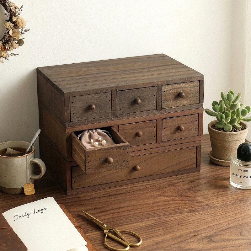 Storage & Organization - กล่องเก็บของบนโต๊ะทำงานไม้ ชั้นวางยกสูงสำหรับจอคอมพิวเตอร์ ลิ้นชักเก็บเครื่องประดับ ตู้เก็บของขนาดเล็กสำหรับนักเรียน ตู้เก็บเครื่องเขียน