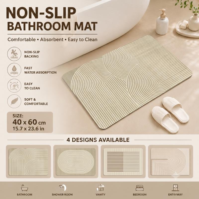 Quick Dry Diatomite Bath Mat - แผ่นรองพื้นอาบน้ำไดอะโตไมต์ แห้งเร็ว ดูดซับน้ำได้ดี สีเบจ ลายทาง พร้อมแผ่นรองกันลื่น