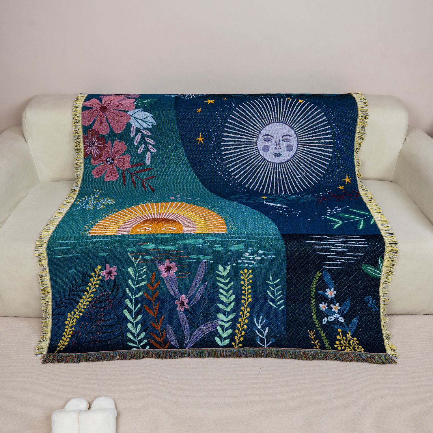 ผ้าแขวนผนังลายทอพระอาทิตย์พระจ - Boho Throw Blanket Fringe บทวิจารณ์และราคา